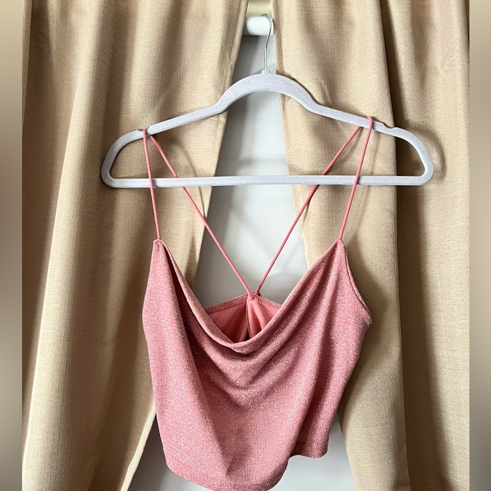 Pink sparkle stretch cowl neck crop top